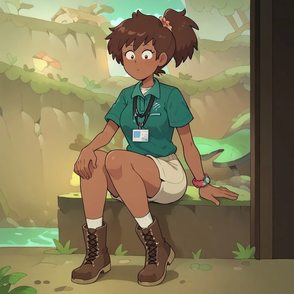 Expressiveh,score_9, score_8_up, score_7_up, ng_deepnegative_v1_75t, anne,1girl. dark skinned female,brown hair, ponytail,collared shirt, Short sleeves, boots, shorts, solo, big breast, hand on knees,