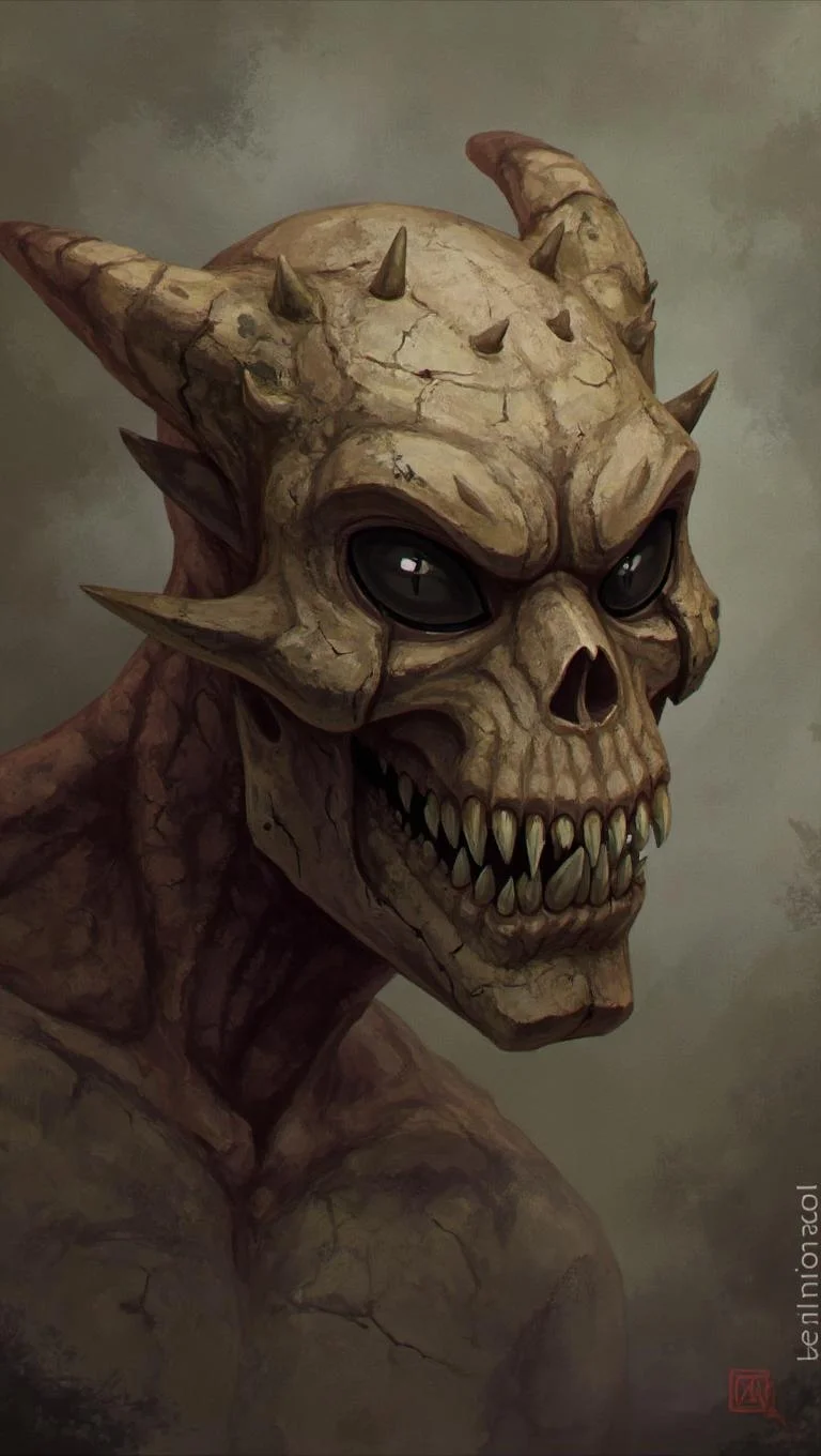 <lora:ck-LttleGhost-000011.safetensors:1> in the style of ck-lttlegh0stSubject:
The creature's visage is a masterclass in unsettling anatomy. Its skin appears to be a patchwork of decaying flesh and dry, cracked earth, with jagged seams where the texture appears to shift and writhe like a living thing. The eyes, beady and black as coal, seem to bore into the viewer with an unblinking malevolence, their shape distorted by the ridges of bone that underlie them. A series of spiky protrusions erupts from its forehead, resembling a twisted crown or some sort of organic armor plating. The mouth, a gaping maw of razor-sharp teeth and jagged ridges, seems to be frozen in a perpetual scream of rage and agony.
The skin around the eyes and mouth is pulled taut, stretching the already-distorted facial features into an impossible, nightmarish visage that seems to defy the laws of biology. The entire creature appears to be some sort of twisted, otherworldly entity, its very presence seeming to draw the air out of the room and leave only an unsettling, pulsing darkness in its wake.
The background is a dull, grayish-brown haze, like the fog that rolls in off the ocean on a dead winter morning. It seems to swirl around the creature's form, imbuing it with an aura of malevolent energy. The texture of the skin is so detailed and realistic that it appears almost three-dimensional, as if one could reach out and touch the decaying flesh.
SUCCINCT>
The digital illustration depicts a menacing, alien-like creature with sharp features, spiky protrusions, and a toothy grin resembling a skull. Its textured, decaying appearance is rendered in exquisite detail, with black, beady eyes and a twisted, nightmarish visage. The creature is set against a foggy, gray-brown background that seems to swirl around it, imbuing it with an aura of malevolent energy.