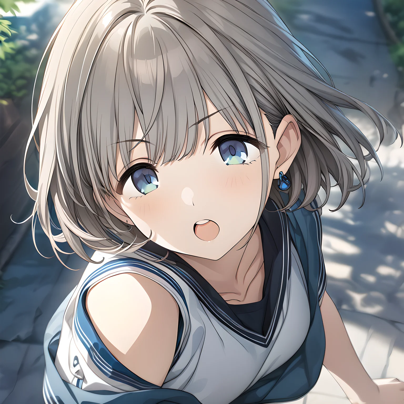 (masterpiece),(best quality),(ultra-detailed),(best illustration),(best shadow),(absurdres),(detailed background),(very aesthetic), asahi serizawa, 1girl, blue eyes, solo, open mouth, jewelry, short hair, earrings, blurry, grey hair, bangs, potrait, <lora:asahiserizawa:1>