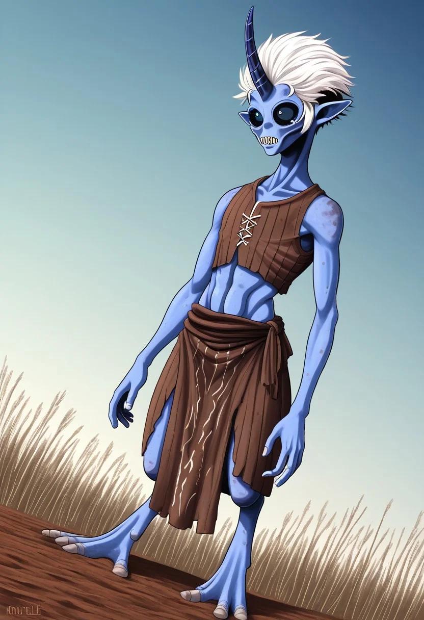 ((Alien humanoid)), solo, androgynous, aquatic features
blue skin, ((webbed skin between fingers)),
((nostrils only, nostril slits, vertical nasal slits, narrow nostrils)):1.6, ((narrow eyes)), ((black sclera, black irises)), smooth skin, pointy ears, small ears, tiny ears, holes in skin, forehead horn, short horn, veiny horn, ((single horn)):1.0, ((4 fingers)), fingernails, thin lips, ((white hair)), ((short hair, spiky hair)), sharp teeth, ((digitigrade legs)), bent legs,
full body shot
ragged clothes, muddy clothes, loincloth, tunic, dirty
Medieval style, fantasy style,
style: m4g,
((Variety)):1.2
((dutch angle))
river background
fully clothed, loose clothing, clean lines, smooth colors, detailed fingers, sfw, source: semi-realistic, rating: pg, score: 8 up, score: 9