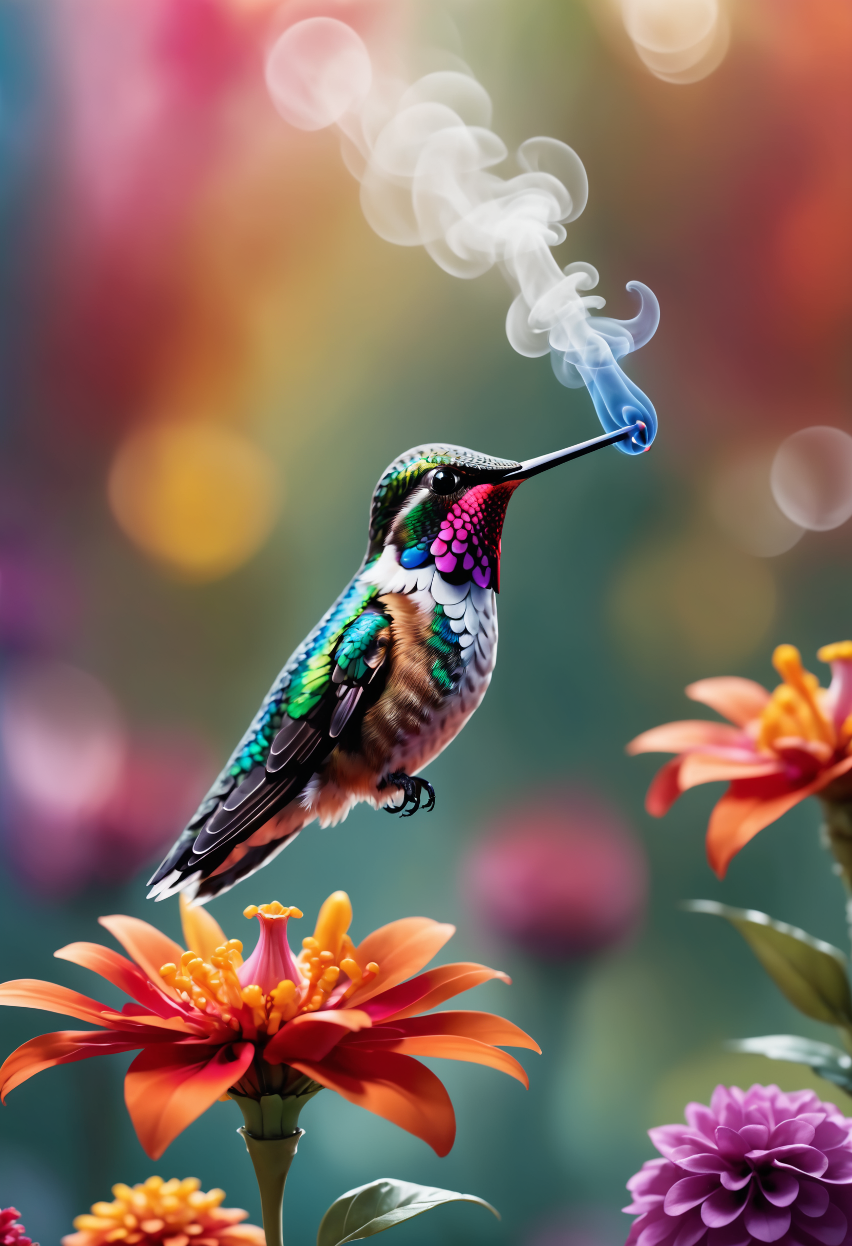 A hummingbird smoking a pipe, feeding from a vibrantly colored sculpted flower, a bokeh garden background
<lora:dvr-smk-sdxl:1>