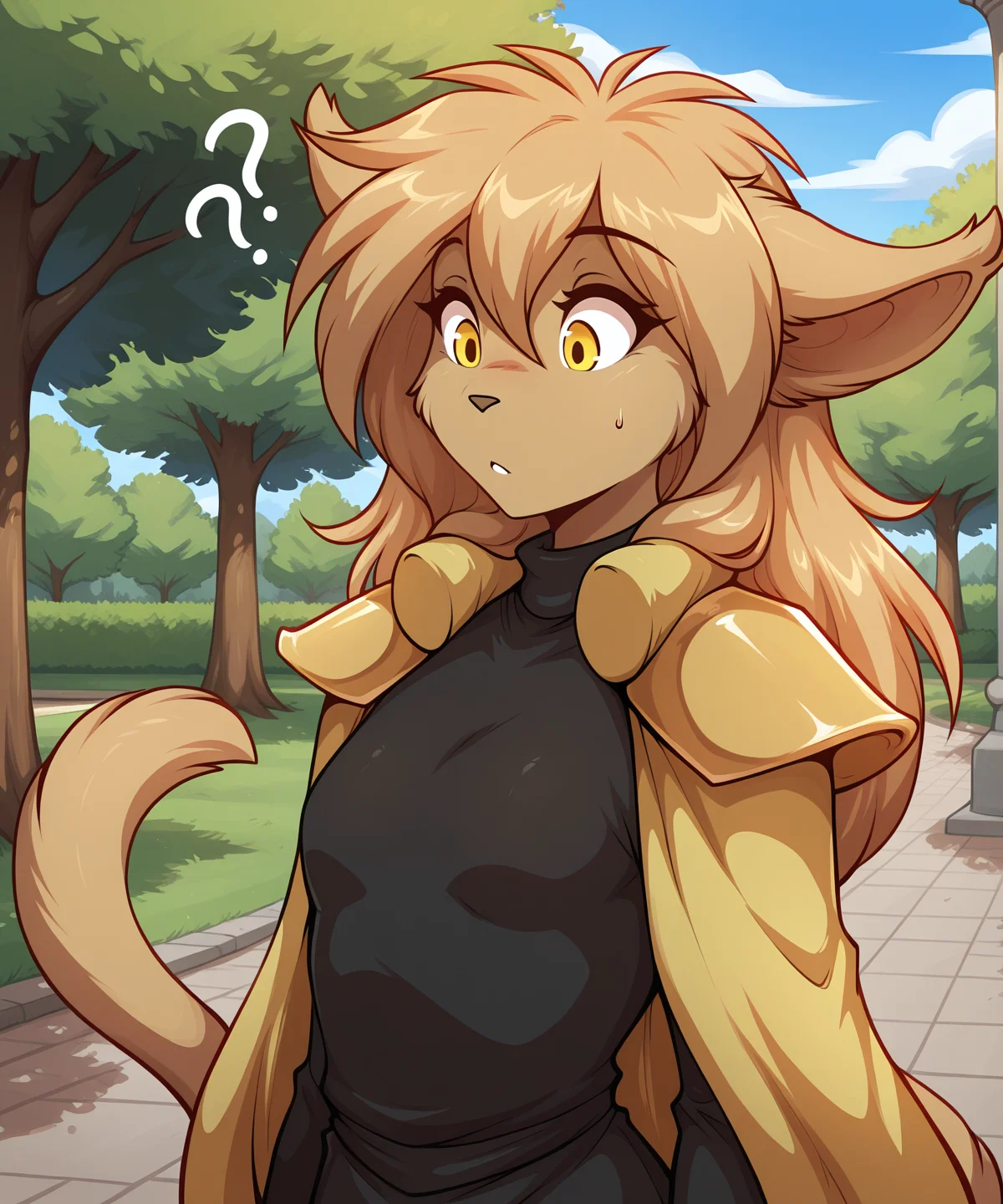 masterpiece,best quality,amazing quality, solo, furry female anthro, small breasts, confused, armor, pauldron, shoulder armor, cape, (outdoors, park)
<lora:Madelyn-Adelaide-Twokinds-ILXL-AnonTK-V1:0.8> , madelyn-twokinds, basitin, feline tail, yellow eyes, long hair,