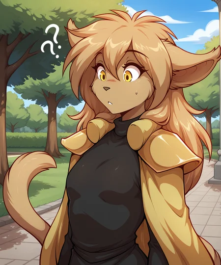 masterpiece,best quality,amazing quality, solo, furry female anthro, small breasts, confused, armor, pauldron, shoulder armor, cape, (outdoors, park)
<lora:Madelyn-Adelaide-Twokinds-ILXL-AnonTK-V1:0.8> , madelyn-twokinds, basitin, feline tail, yellow eyes, long hair,
