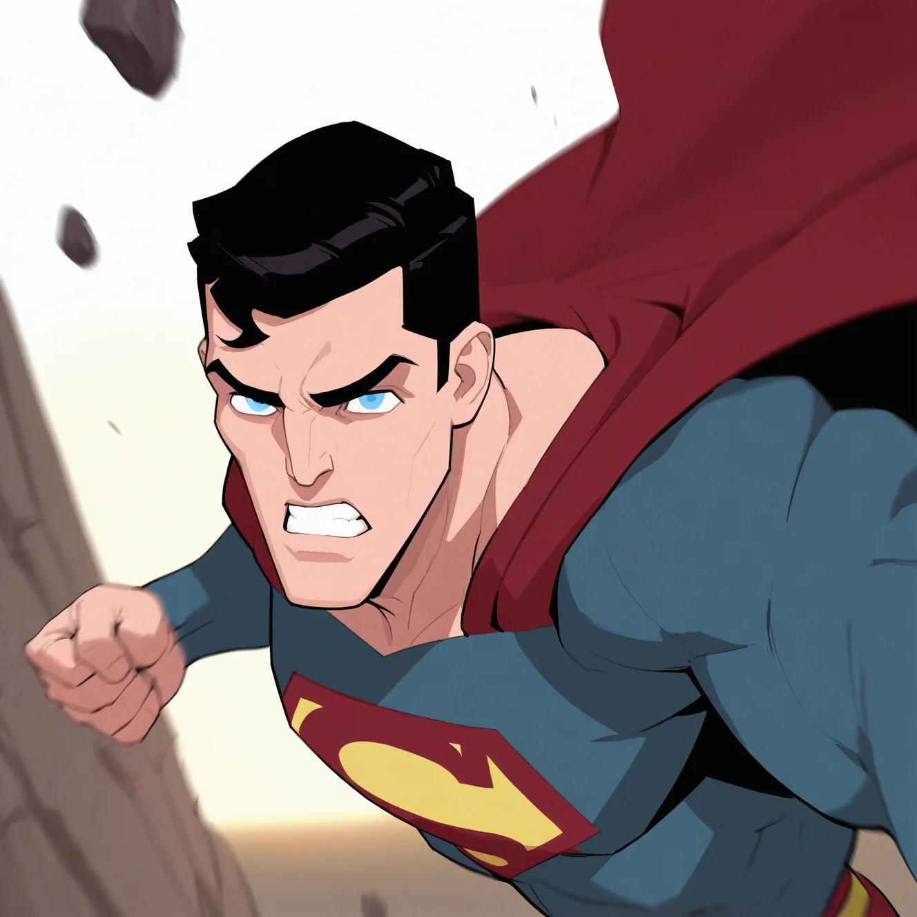 <lora:SUPERMAN_UNBOUND:1>superman_unbound, solo, looking at viewer, short hair, blue eyes, black hair, 1boy, upper body, male focus, teeth, cape, bodysuit, thick eyebrows, clenched teeth, clenched hand, angry, serious, rock, red cape, oekaki, official style, superhero, punching, from above, animification, detailed background, motion blur, film grain, abstract, natural lighting, fantasy, cinematic, dynamic view, tilted angle, very awa, masterpiece, best quality, absurdres, newest, perfect quality, detailed background, intricate details, (artist:fl \(l-fl\):0.7), (artist:tooboshoo:0.7), (artist:dizdoodz:0.8)