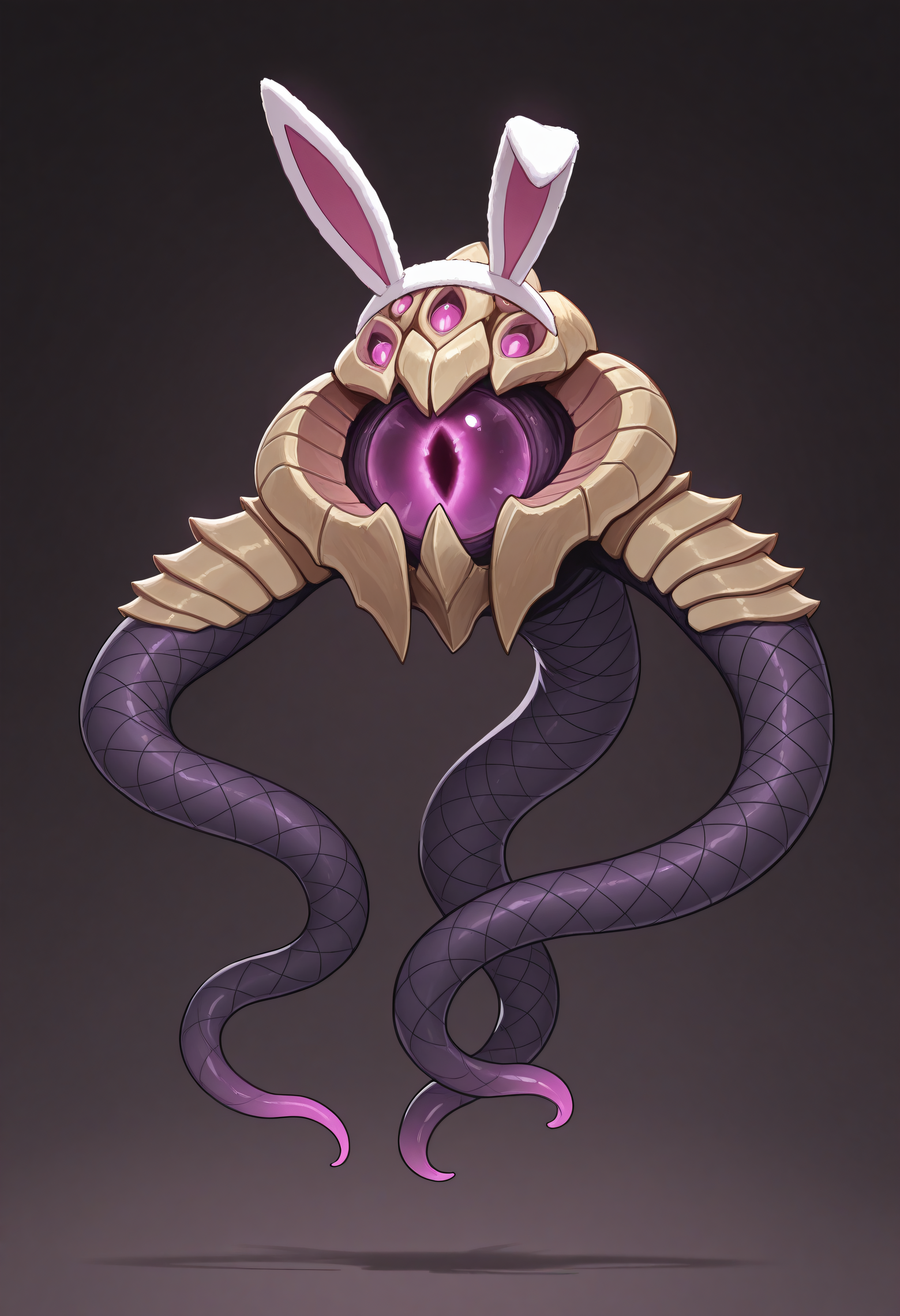 masterpiece, best quality, amazing quality, very aesthetic, absurdres,
velkozpdxl, monster, fake bunny ears, shy, no humans, <3, simple background, floating, tentacle monster, fishnet leggings, solo,  <lora:Velkoz_IL:1>