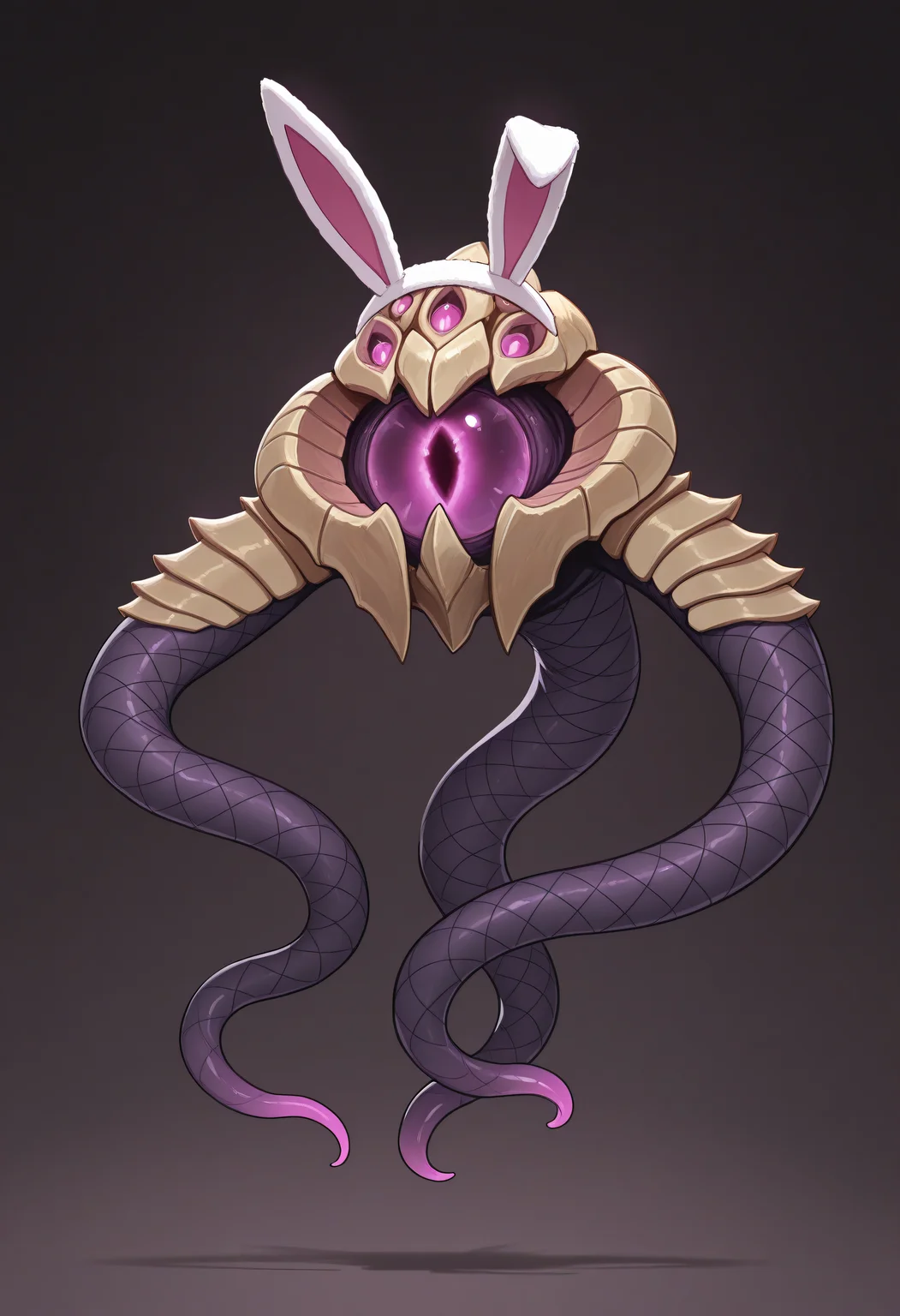 masterpiece, best quality, amazing quality, very aesthetic, absurdres,
velkozpdxl, monster, fake bunny ears, shy, no humans, <3, simple background, floating, tentacle monster, fishnet leggings, solo, <lora:Velkoz_IL:1>