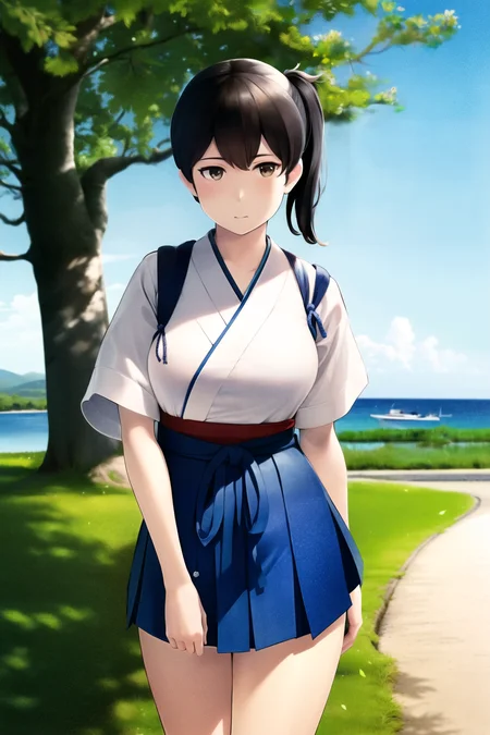 (masterpiece), (best quality), (ultra-detailed),(best shadow:0.7), (best illustration), (an extremely delicate and beautiful), photorealistic, finely detail, ray-tracing, HDR, outdoors, detailed scenery, kaga from kantai collection, blue hakama, finely detailed iris, standing, (one side up), hakama short skirt, brown eyes