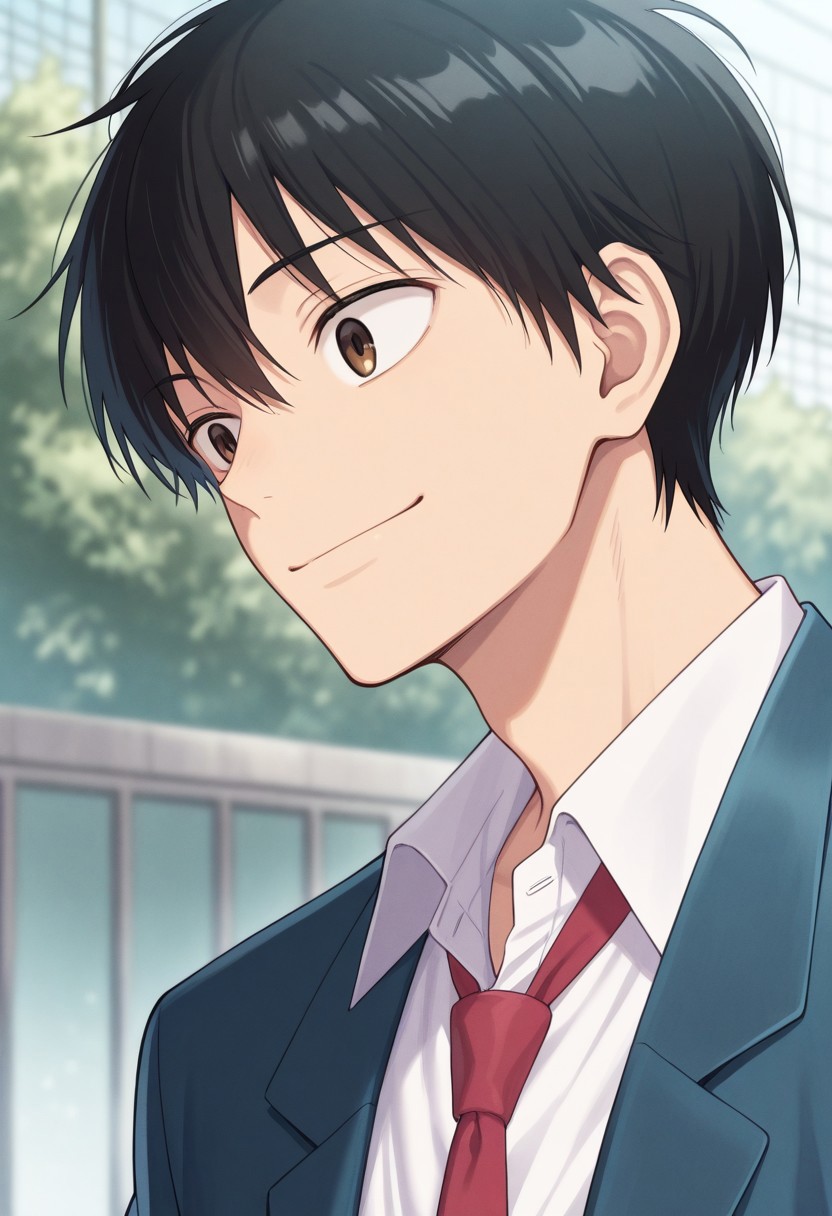 masterpiece,best quality,amazing quality, source_anime, 
kazahaya, 1boy, male focus, solo, brown eyes, black hair, school uniform, shirt, white shirt, collared shirt, necktie, red necktie, jacket, blazer, blue jacket, portrait,
smile, outdoor,