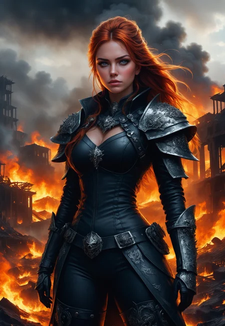 masterpiece, best quality,
((1girl, solo, upper body:1.85))
A highly realistic image of a badass warrior queen standing atop a mountain of skulls. The warrior queen is dressed in formidable black armor, adorned with spikes and chains, and she wields a massive battle axe dripping with blood. Her eyes burn with a fierce, unyielding gaze, and her hair flows wildly in the wind. The background is a post-apocalyptic wasteland with ruined buildings, burning fires, and a dark, ominous sky. The overall quality of the image is high, with detailed textures and realistic lighting, conveying a sense of raw power and brutal conquest
<lora:DandonFuga_Style_v.2_-_Pony:0.8>