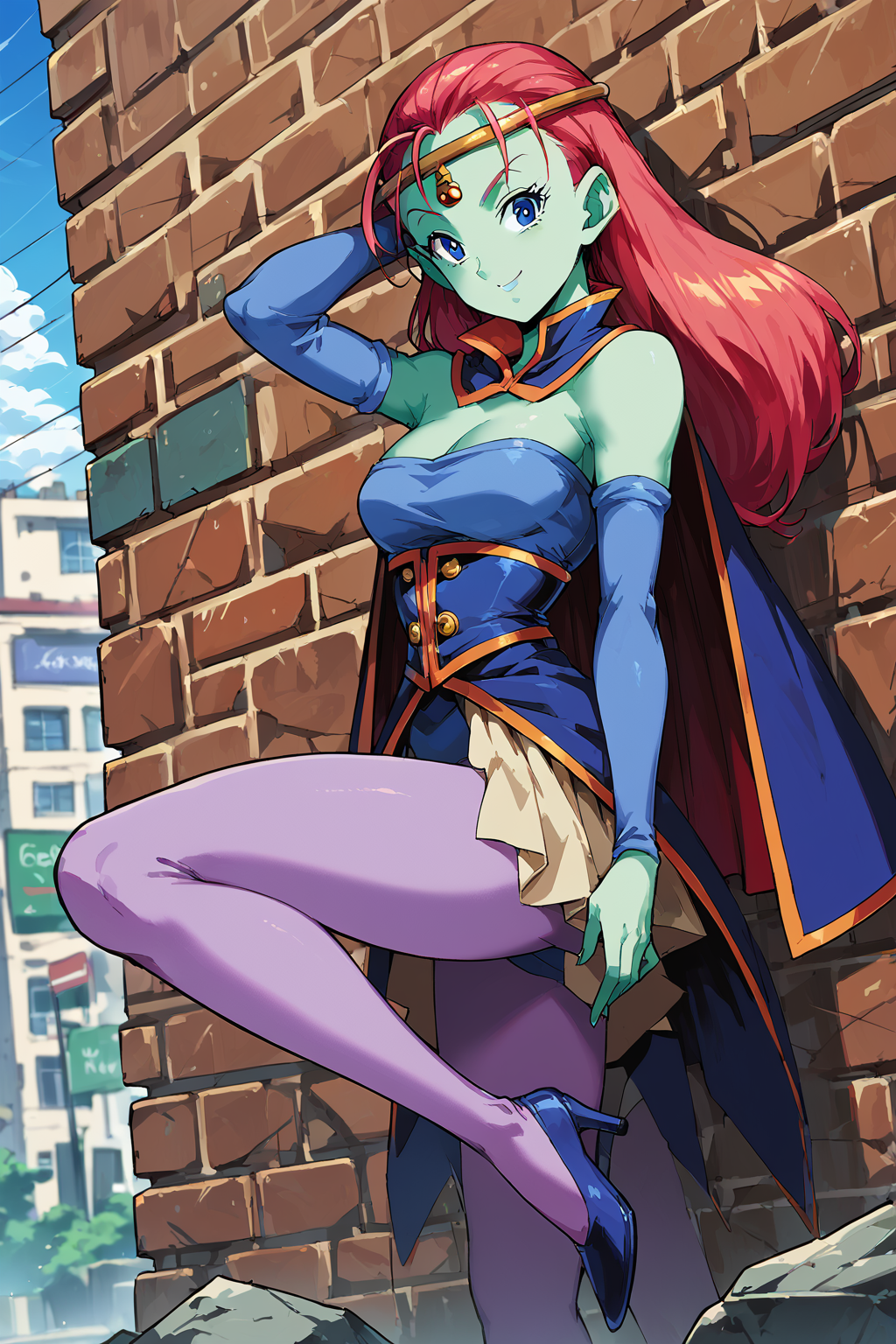 score_9_up, score_8_up, score_7_up, score_6_up, 1girl, solo, colored skin, cape, pantyhose, blue eyes, long hair, leotard, red hair, armpits, green skin, circlet, smile, full body, blue leotard, skirt, leotard, Outfit1, heels,<lora:Cawaydbs-000009 (1):1>, (female-poses), (Urban Apartment Bedroom with Exposed Brick Wall and Concrete Flooring background)
