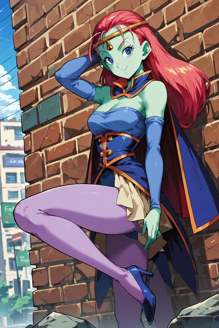 score_9_up, score_8_up, score_7_up, score_6_up, 1girl, solo, colored skin, cape, pantyhose, blue eyes, long hair, leotard, red hair, armpits, green skin, circlet, smile, full body, blue leotard, skirt, leotard, Outfit1, heels,<lora:Cawaydbs-000009 (1):1>, (female-poses), (Urban Apartment Bedroom with Exposed Brick Wall and Concrete Flooring background)