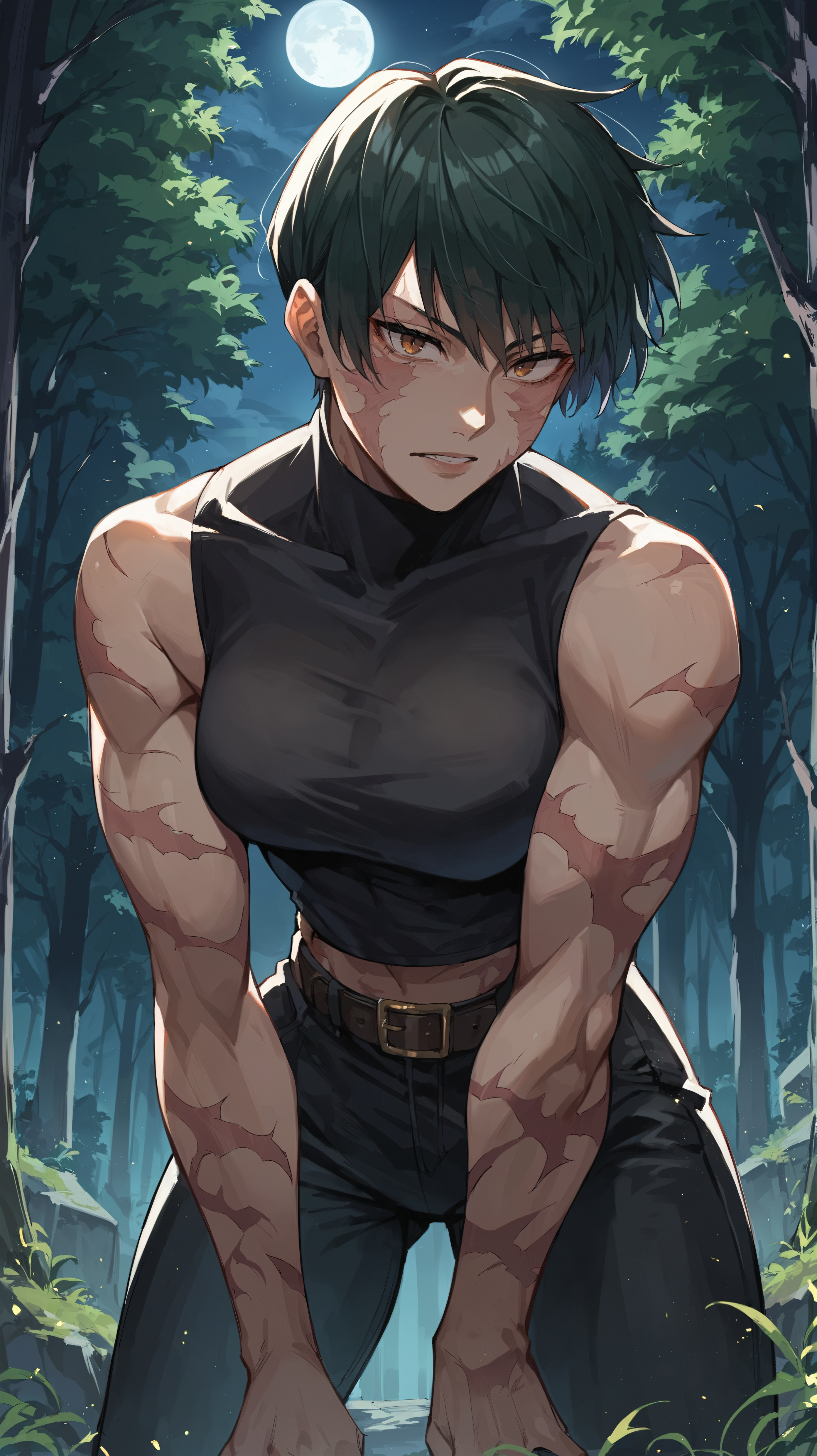 score_9,score_8_up,score_7_up,score_6_up, source_anime, zPDXL, <lora:xl_more_art-full_v1:0.5>, woman, dynamic pose,  <lora:Maki - Scarred - Pony-000004:0.8>, short hair, dark green hair, brown eyes, face scars, body scars, black turtleneck, sleeveless, black pants, bent over, night sky, moonlight, outdoors, night time, darkness, natures, forest clearing, portrait,