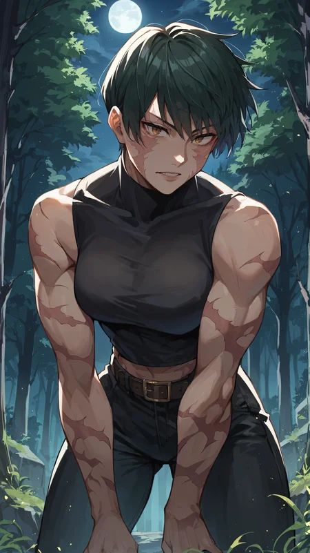 score_9,score_8_up,score_7_up,score_6_up, source_anime, zPDXL, <lora:xl_more_art-full_v1:0.5>, woman, dynamic pose, <lora:Maki - Scarred - Pony-000004:0.8>, short hair, dark green hair, brown eyes, face scars, body scars, black turtleneck, sleeveless, black pants, bent over, night sky, moonlight, outdoors, night time, darkness, natures, forest clearing, portrait,