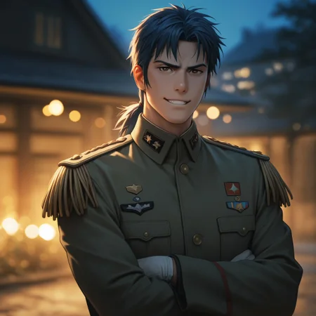 masterpiece, best quality, amazing quality, absurdres, newest, detailed background, definition so sharp, Ultra-HD, 8K cinematic, very awa, impressionate, amazing quality, highres,
solo, male focus, manly, mature male, bara, bokeh, night, warm light, blurry background, outdoor,
1boy, short hair, tied hair, low tied hair, lieutenant_pretime, lieutenant_blue hair, lieutenant_brown eyes, daikakukokujouji, military uniform, coat, spaulettes, serious face, smirk, grin, crossed arms, looking at viewer
