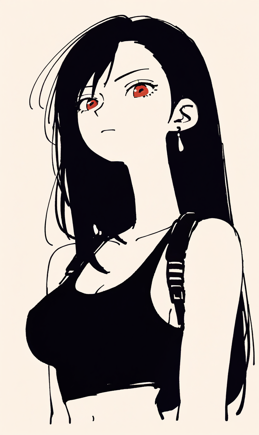 Score_9, score_8_up, score_7_up, score_6_up, score_5_up, score_4_up, a woman with a dark hair wearing a tank top and black bra, 1girl, solo, monochrome, greyscale, long hair, jewelry, crop top, earrings, tifa lockhart, upper body, simple background