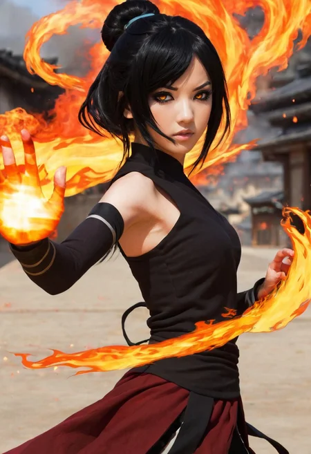 pretty scene girl, black hair, eyeliner, anime, firebending, <lora:Firebending-06:0.8>