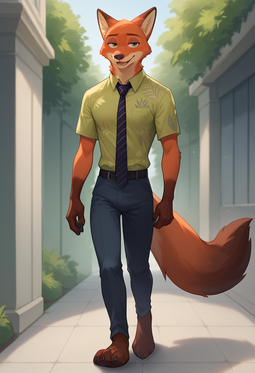 score_9, score_8_up, score_7_up,
((best quality)), absurdres,
<lora:NickWildePXL:1>  NickWildePXL, slim figure, anthro, male, 1boy,
full body, walking, green shirt, tie, pants, pecs, slim male,
<lora:Smooth Anime Style LoRA XL:0.7> Smooth, Anime, <lora:Expressive_H:1> Expressiveh,