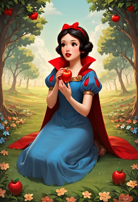 PonyXLV6_Scores,source_anime,masterpiece,best quality, highly detailed,cinematic,unity 8k wallpaper, amazing quality, masterpiece, best quality, UHD, perfect anatomy,
BREAK
<lora:blancanieves:0.8>snowwhite, 1girl, fruit, food, apple, holding fruit, solo, puffy sleeves, flower, red lips, holding food, red bow, bow, hair bow, dress, nature, holding, puffy short sleeves, short sleeves, sitting, puff and slash sleeves, cape, black hair, tree, red cape, brown hair, short hair
