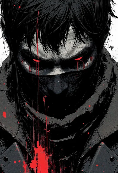 In a haunting and evocative monochrome manga sketch, the extreme close-up of the face of an enigmatic male scout is depicted in the eerie and atmospheric setting of The Macabre Enchanted Inn. This manga style illustration showcases intricate details with exaggerated features that emphasize both the subject's mysterious allure as well as his connection to the inn's ominous ambiance. Dark tones dominate the image, lending an air of foreboding and mystery to this hyper-detailed sketch. The scout's face is framed with a mixture of textures like wrinkled leather and bristly facial hair, hinting at his rugged personality and uncertain motives as he embarks on a journey filled with danger and intrigue., <lora:test2-000013-nistyle:0.8> Nistyle, <lora:Wiz-Arcana-Spectral_Glow:0.55> spectral glow, chromatic grain, motion blur, diffuse silhouette, light leak effect, prism effect, inverted negative film, ethereal <lora:apocalypse_now1_fl_d4a2:0.4> apoca1 illustration,<lora:boFLUX Abyss Neon:0.5> bo-neon