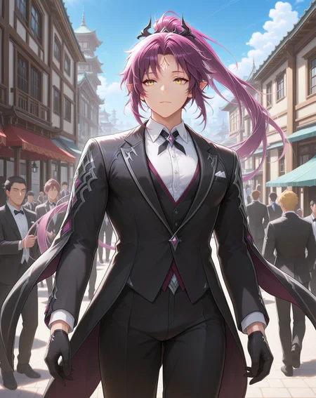 masterpiece,best quality,amazing quality, newest, very aesthetic, absurdres,
1boy, solo, yaoi, male focus, looking at viewer, cowboy shot, standing,
<lora:Veigas_FSI_ilxl:1> veigasfsi, black gloves, forehead mark, pointy ears, purple hair, high ponytail,yellow eyes, floating hair,
formal, tuxedo, neck ribbon, white shirt, collared shirt, black pants, shoes, black footwear, suit jacket, black jacket,
outdoors, day, blue sky, building, people,