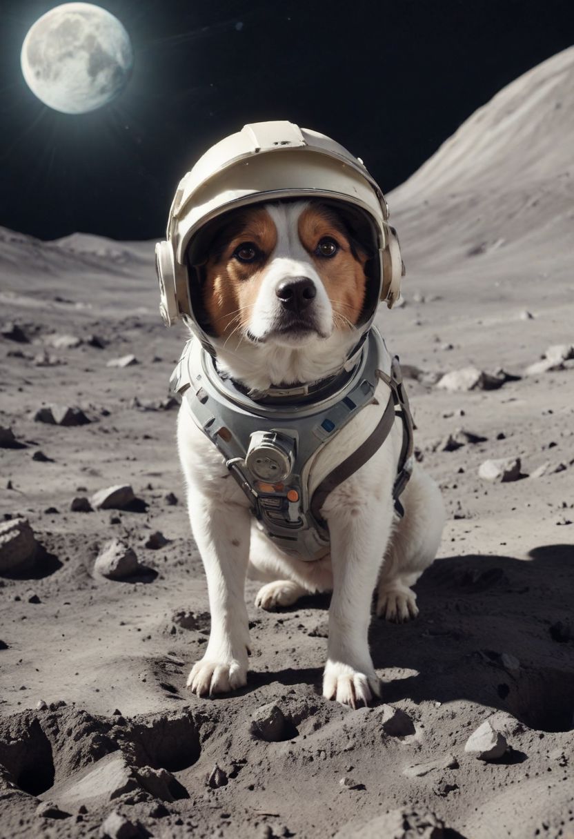 A dog with an helmet on the surface of the moon, with earth in the background, in a hyper realistic photographic style.
