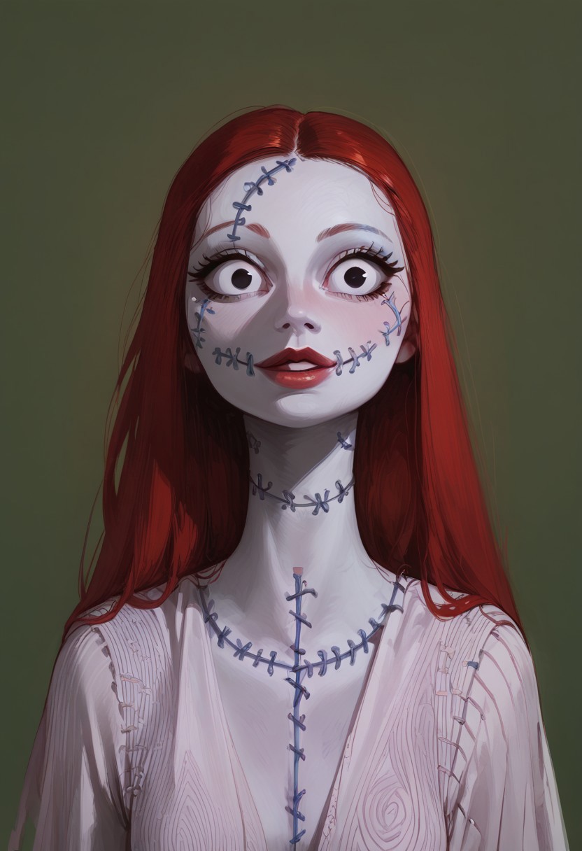 score_9, score_8_up, score_8. score_9, score_8_up, score_7_up, score_6_up, masterpiece, 4k, high quality, (best quality:1.1), ExpressiveH
1girl, solo, Sallyxl,stitches,long red hair,black eyes,small pupils,large eyes, white skin, looking at viewer, smiling, g0dd3ss, white dress
green background