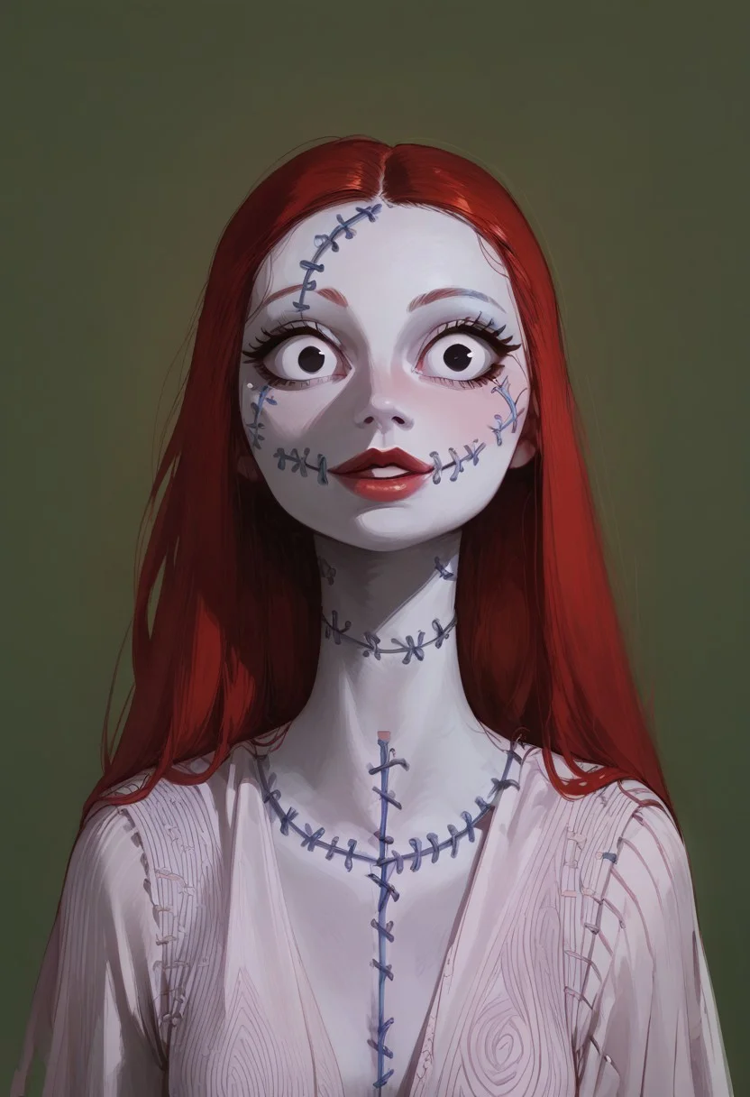 score_9, score_8_up, score_8. score_9, score_8_up, score_7_up, score_6_up, masterpiece, 4k, high quality, (best quality:1.1), ExpressiveH
1girl, solo, Sallyxl,stitches,long red hair,black eyes,small pupils,large eyes, white skin, looking at viewer, smiling, g0dd3ss, white dress
green background