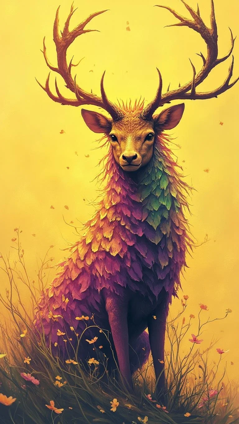<lora:Green_cuties-000004.safetensors:1> A grainy, poorly lit image captures
The subject before me is an extraordinary digital artwork featuring a majestic, deer-like creature. Its vibrant, geometric coat shimmers in hues of purple, green, and brown, surrounded by grandiose antlers and piercing eyes. The soft yellow background provides a serene contrast to the creature's radiant form, evoking a sense of enchantment.