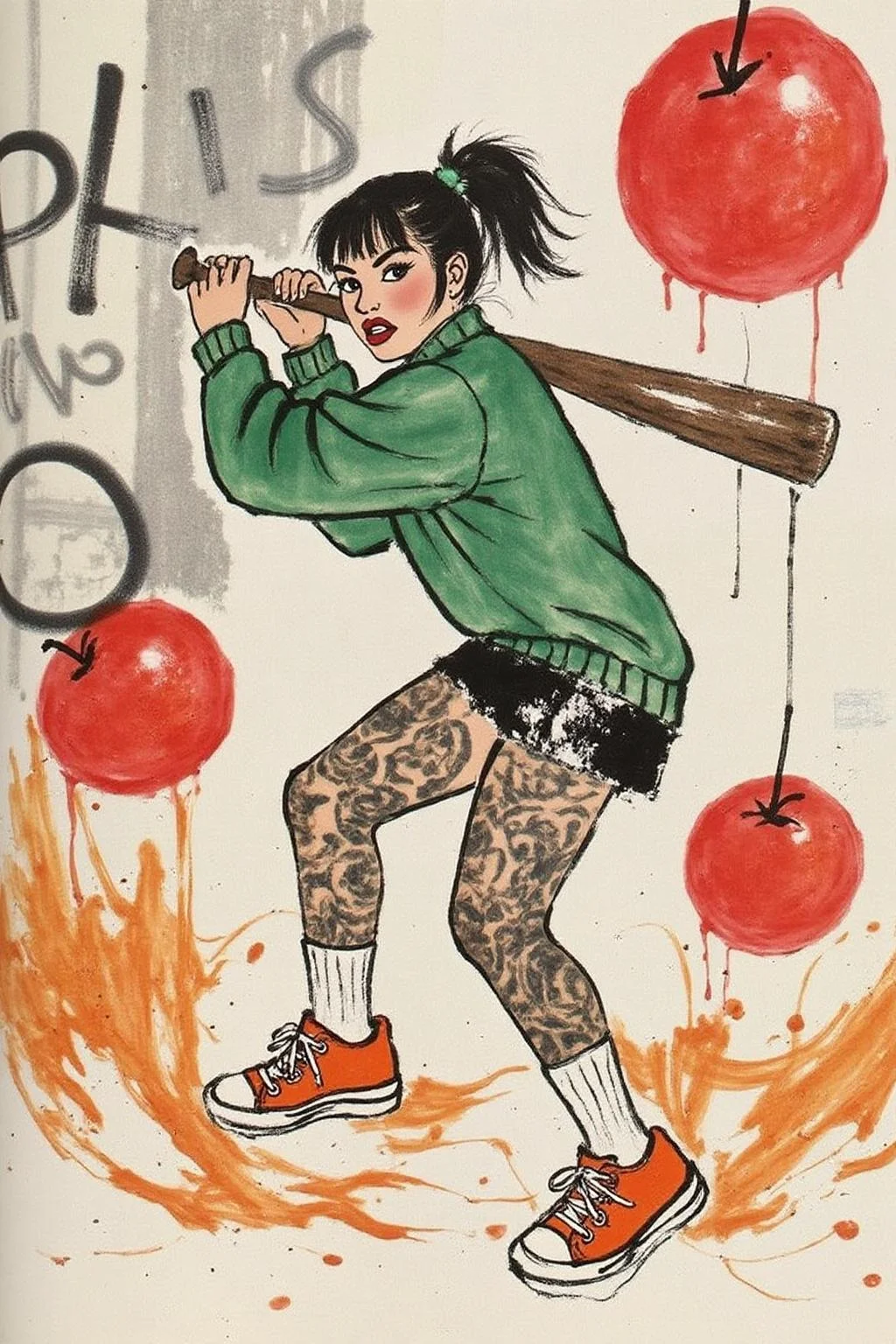 qbs1 ink wash painting
liquid splash, cartoonish juicy fruits chaos, dynamic pose, dynamic camera, a fashion shoot, a woman threateningly holding a baseball bat in her hands, full body tattoo, wearing green short sweater, miniskirt, knee socks, orange sneakers, aggressive facial expression, wall with graffiti in the background, <lora:qbs1_cap_d6a3e12:1.0><lora:818432200656661194:0>