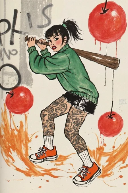 qbs1 ink wash painting
liquid splash, cartoonish juicy fruits chaos, dynamic pose, dynamic camera, a fashion shoot, a woman threateningly holding a baseball bat in her hands, full body tattoo, wearing green short sweater, miniskirt, knee socks, orange sneakers, aggressive facial expression, wall with graffiti in the background, <lora:qbs1_cap_d6a3e12:1.0><lora:818432200656661194:0>
