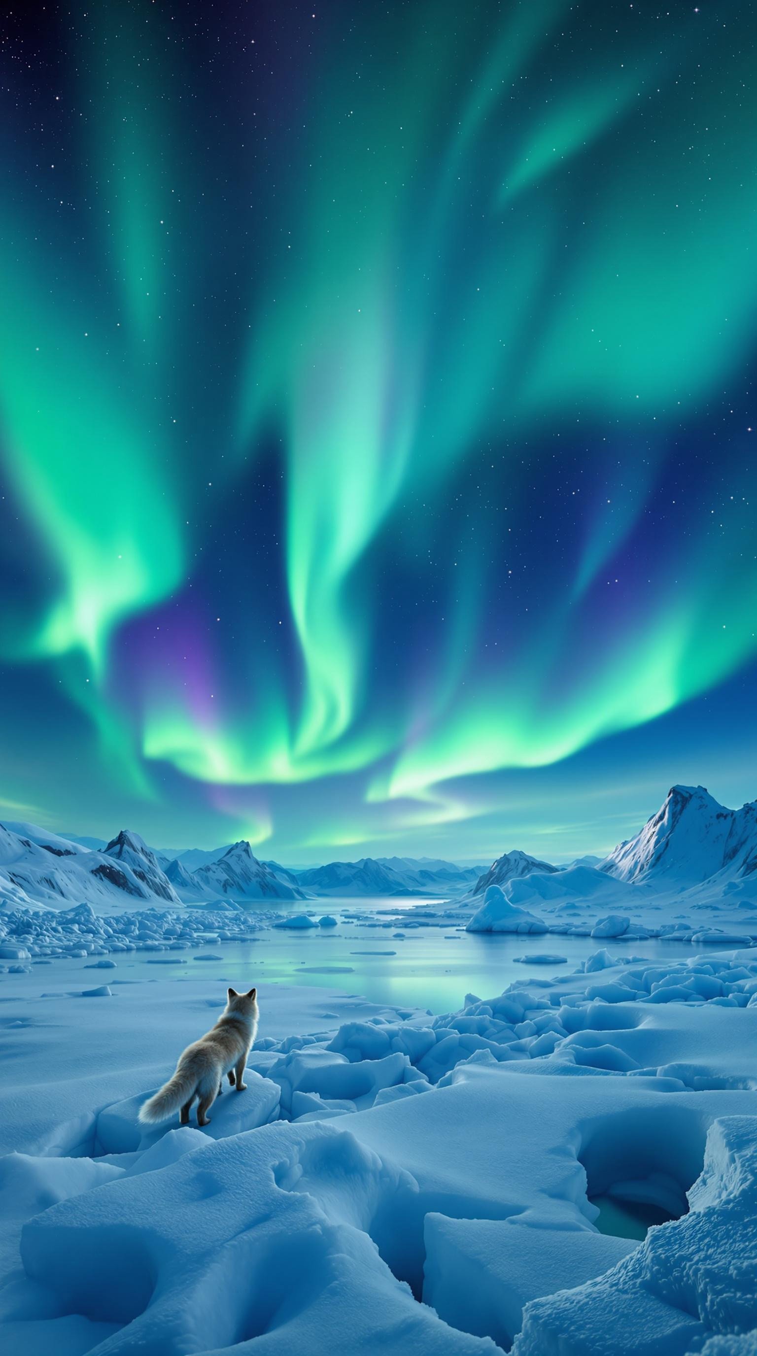 A breathtaking shot on the polar glacier: Panoramic view of the azure icebergs reflecting the vibrant aurora borealis, casting an ethereal glow across the vast snowy expanse. In the distance, wispy trails of green and purple lights dance in the night sky, as a few Arctic foxes stroll leisurely, their fur blending seamlessly with the icy landscape.