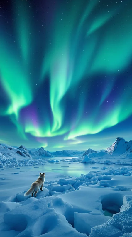 A breathtaking shot on the polar glacier: Panoramic view of the azure icebergs reflecting the vibrant aurora borealis, casting an ethereal glow across the vast snowy expanse. In the distance, wispy trails of green and purple lights dance in the night sky, as a few Arctic foxes stroll leisurely, their fur blending seamlessly with the icy landscape.