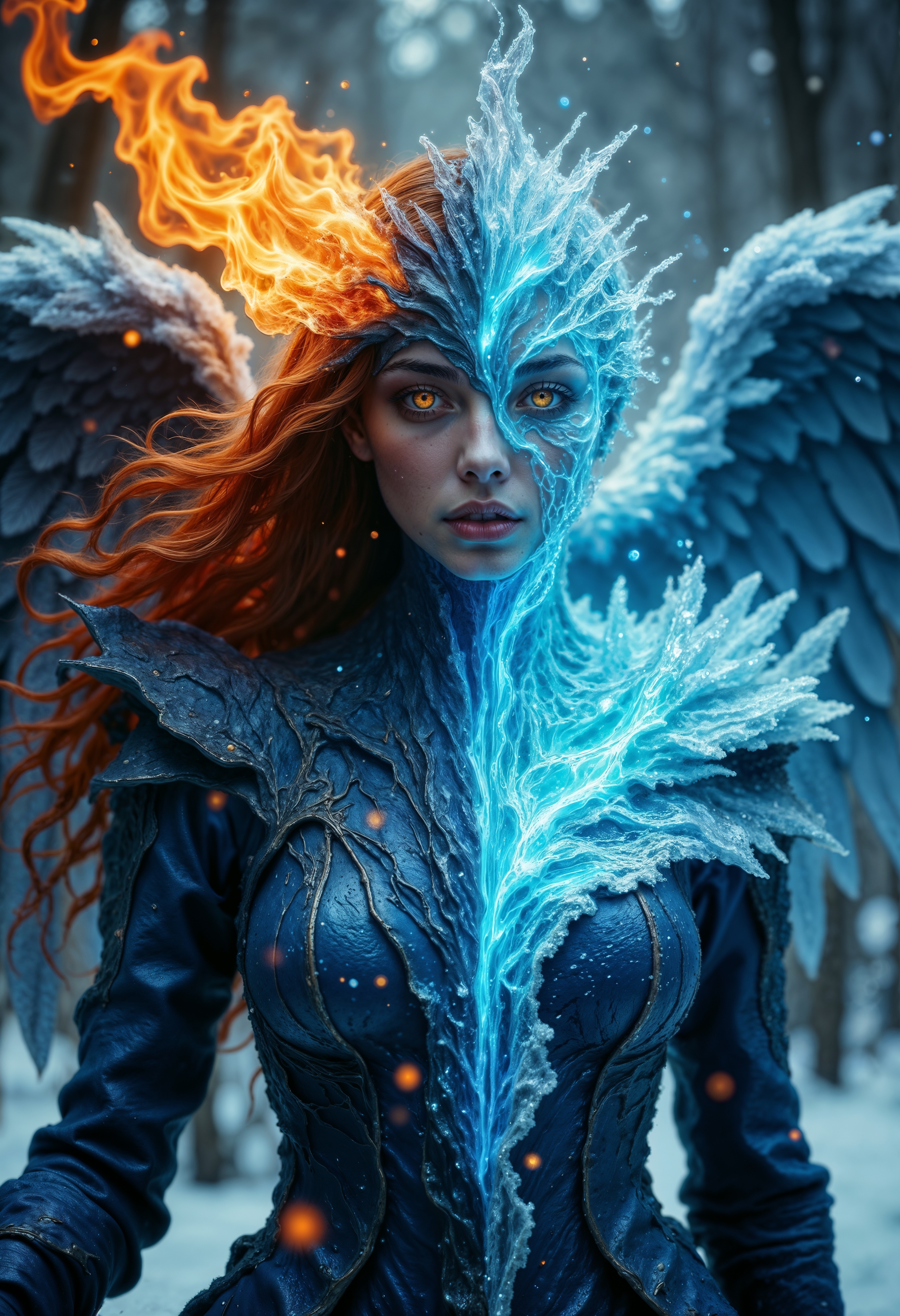 R3alisticF, Misty Valley, a close-up of a mysterious female entity, one half of her body and face is beautiful fire goddess angelic appearance, red eyes, flaming hair, the other half of her body and face is frozen, blue icy skin, glowing eye and hair are freezing from cold, cold breath, on her back are wings corresponding to each part of the body. cold atmosphere, cinematic, masterpiece, clear focus. <lora:FluxMythR3alisticF:1>