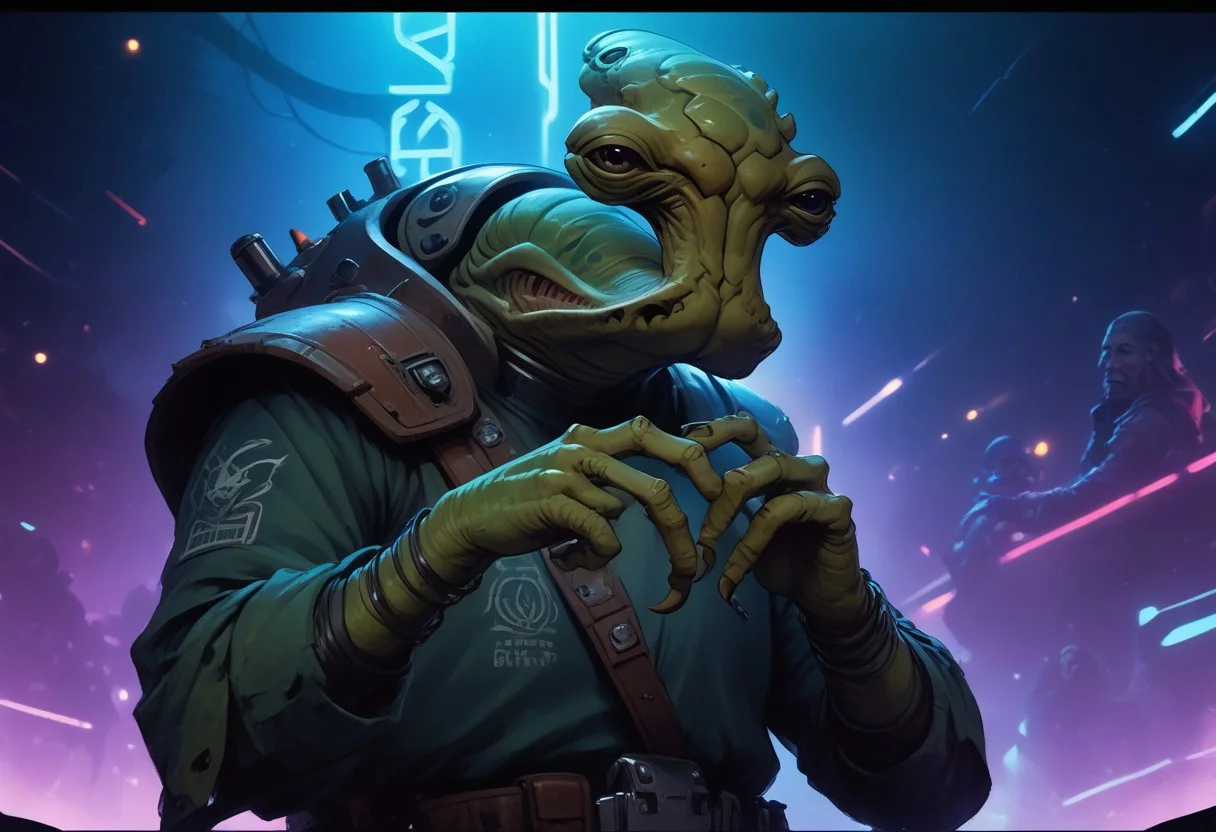 score_9, score_8_up, score_7_up, BREAK, source_anime, focus on an ithorian hammerhead alien on a space station watching , watching an alien stripper dancing in the foreground, neon BAR sign in background, dramatic lights, holding a fistful of cash dollars
