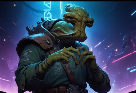 score_9, score_8_up, score_7_up, BREAK, source_anime, focus on an ithorian hammerhead alien on a space station watching , watching an alien stripper dancing in the foreground, neon BAR sign in background, dramatic lights, holding a fistful of cash dollars