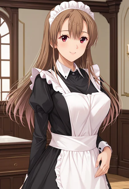 score_9, score_8_up, score_7_up, (absurdres, best quality, masterpiece:1.4), amazing quality, highres, newest, detailed, detailed body, detailed face, source anime, anime coloring, beautiful, 
BREAK
1girl, solo, smile standing, YurYuna, light brown hair, red eyes, maid headdress, maid apron, black dress, long dress, collared dress, sleeve cuffs, white collar, indoors