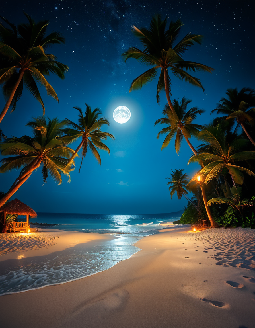 A breathtaking tropical beach at night, illuminated by the soft glow of the moon and twinkling stars. The ocean waves gently lap against the shore, reflecting silver moonlight. Tall palm trees sway slightly in the warm night breeze, their silhouettes contrasting against the deep blue sky. The sand appears smooth and slightly damp, glowing under the moonlight. In the background, distant islands are faintly visible on the horizon, their outlines softened by a light mist. The sky is filled with a mesmerizing display of stars, with the Milky Way faintly visible. The atmosphere is tranquil and serene, evoking a sense of peace and wonder. The image has a high level of detail, realistic textures, and a dreamy cinematic quality.
<lora:SDXLFaeTastic2400:0.4> <lora:extremely_detailed:0.4> extremely detailed,  <lora:tropical_beach_4t_n1ght:1>,tropical beach 4t n1ght, Masterpiece,best quality,hi res,8k,hi res,8k,award winning,(sharp focus, intricate, highly detailed),