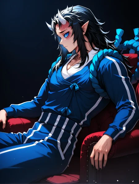 masterpiece, very aesthetic, best quality, solo, amazing quality, cowboy shot, expressionless,  from side, looking away, imtdaizetsuh, 1boy, male, fit body, horns, pointy ears, blue eyes, long hair, black hair, long sleeves, blue rope, colored sclera, pants, demon boy, track suit, blue sclera, oni horns, scar, blue pants, jacket, black nails, sharp fingernails, indoor, shabby surroundings, sitting on a broken armchair, sad atmosphere, dark background