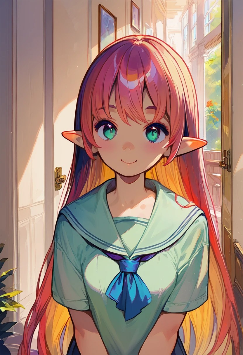 ((masterpiece,best quality)), absurdres, BREAK, score_9, score_8_up, score_7_up, score_6_up, 8k, hires,1girl, beautiful girl, kawaii girl, cute face, pose, high contrast, dramatic shadows, highly detailed, detailed skin, depth of field, shadows, hair bangs, very long hair, red hair, twin tails, blue ribbons, small breasts, young, petite, elf, smiling, sailor uniform, aqua eyes, green school uniform, hallway, school, <lora:add-detail-xl:3>