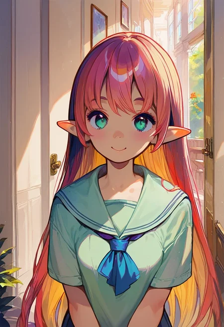 ((masterpiece,best quality)), absurdres, BREAK, score_9, score_8_up, score_7_up, score_6_up, 8k, hires,1girl, beautiful girl, kawaii girl, cute face, pose, high contrast, dramatic shadows, highly detailed, detailed skin, depth of field, shadows, hair bangs, very long hair, red hair, twin tails, blue ribbons, small breasts, young, petite, elf, smiling, sailor uniform, aqua eyes, green school uniform, hallway, school, <lora:add-detail-xl:3>