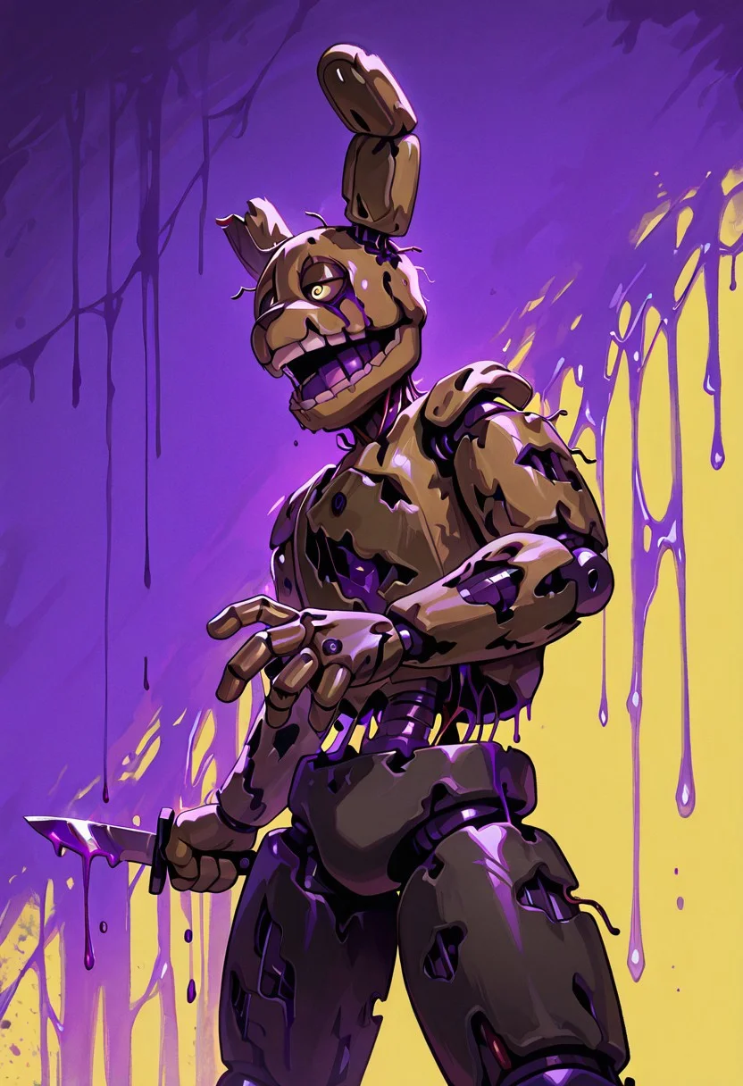 masterpiece, best quality, amazing quality, very aesthetic, absurdres, newest, detailed background, foreground blur,
,springtrap, robot, teeth, rabbit ears, mechanical parts, animatronic, yellow skin, golden yellow skin, round head,
holding knife, yellow background, purple background stripes, purple joints, dripping purple blood,