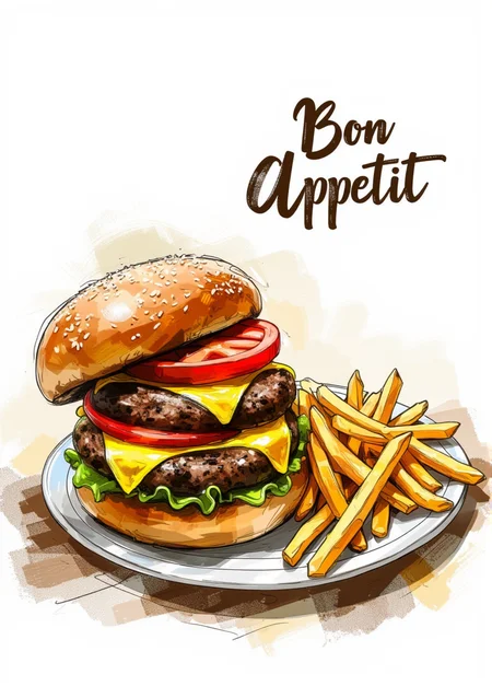 rough color sketch style, food, hamburger and crispy french fries on a simple dish. there is a text "Bon Appétit"