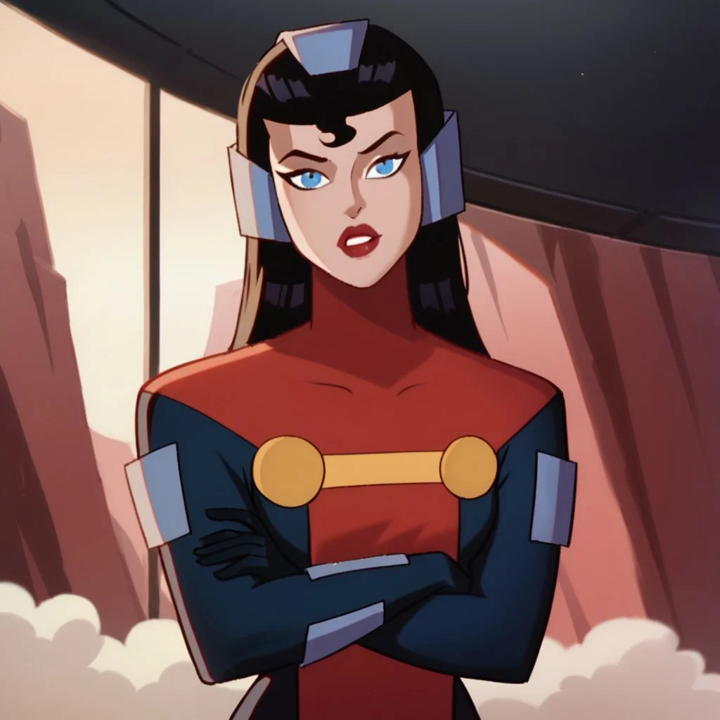 score_9, score_8_up, score_7_up, 1girl, solo, lipstick, black hair, long hair, blue eyes, bodysuit, helmet, Lara-El (dc), full body, looking at viewer, indoors