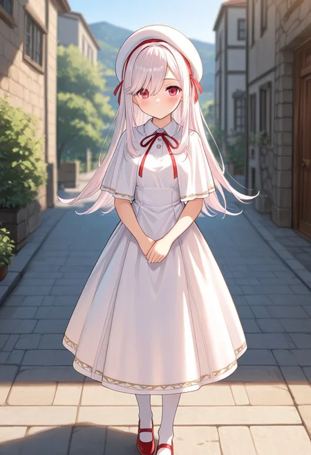 char \(sennen sensou aigis\),
Nanami_Yanase,
white hair, long hair, swept bangs,hair between eyes, red eye,
hair ribbon,red hair band,
white beret,
nanami dress,white long dress,
white cloak, very short cloak, collared cloak, ribbon,
white thighhighs, red shoes,
(1girl), solo,
small breasts,
kind smile, blush,expressionless,
masterpiece, best quality, amazing quality, very aesthetic, high resolution, ultra-detailed, absurdres, newest, scenery,(depth of field:1.5),
(super fine illustration,professional quality,ultra high res),
