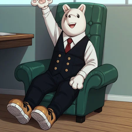 nezumha, score_9, score_8_up, score_7_up, detailed, solo, full body, 1boy, white skin, animal ears, black eyes, scar, animal hands, tail, vest, shirt, red necktie, pants, sneakers, looking at viewer, smile, open mouth, arm up, sitting, chair