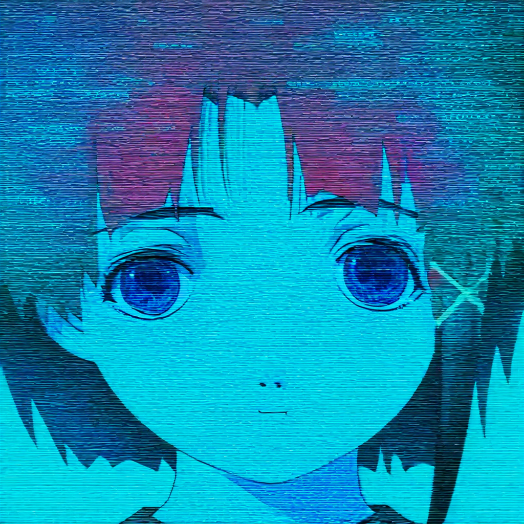 serial_experiment_lain_style, 1girl, scanlines, blue eyes, red hair,  masterpiece, highres