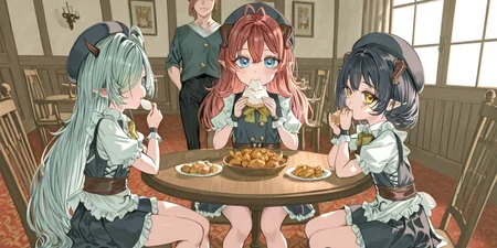 masterpiece, amazing quality, high resolution, 4ldehyde, multiple people, aged down, flat chest, C0ni4, very long hair, green hair, double ahoge, hair over one eye, pointy horns, , sleeveless maid uniform, D4isy, short hair, bob haircut, brown hair, yellow eyes,devil horns, , maid uniform, Rub3rry, long hair, double ahoge, braid,red hair, blue eyes, devil horns, , magic school uniform, V41n, 1 man, tattoo under eye, crest tattoo, braid, hat, aristocrat uniform, Long table, square table, food on table, sitting at table, eating