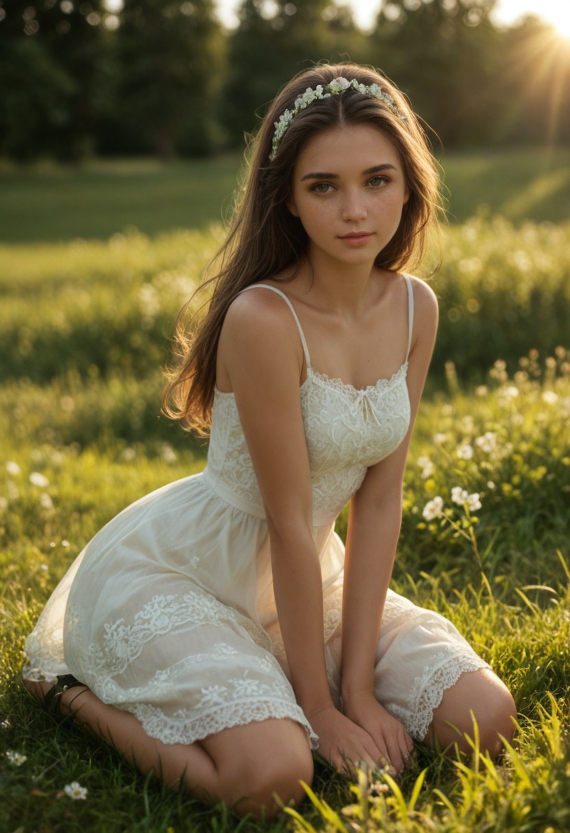 A breathtakingly beautiful young country girl, seated in a sun-kissed pasture, radiating effortless sensuality and rustic charm. Her petite yet curvy frame is draped in a delicate, flowing sundress, the thin fabric clinging softly to her form as the gentle breeze lifts its hem slightly, revealing the smooth curves of her thighs.
She leans back on her hands, her bare legs stretched out in the tall grass, the sunlight casting a golden glow on her sun-kissed skin. Her tousled hair falls naturally over her shoulders, framing her youthful, expressive face, where her lips remain slightly parted, lost in thought. Her deep, inviting eyes gaze into the distance, a soft look of longing and mystery in them, capturing an air of quiet confidence mixed with gentle vulnerability.
The scene is drenched in warm, golden hues, with rolling green hills and scattered wildflowers stretching endlessly behind her. The late afternoon sun filters through the sky, wrapping her in a glow that enhances every delicate feature. Everything about this moment evokes freedom, warmth, and an understated sensuality, making it an intimate yet fully SFW portrayal of beauty in nature.
Ultra-realistic textures, highly detailed face, soft natural lighting, warm earthy tones, cinematic composition, dreamlike and romantic atmosphere, flux-style, bokehmachine