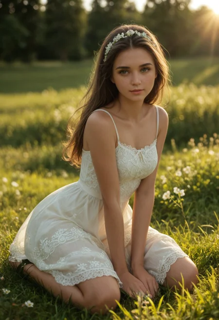 A breathtakingly beautiful young country girl, seated in a sun-kissed pasture, radiating effortless sensuality and rustic charm. Her petite yet curvy frame is draped in a delicate, flowing sundress, the thin fabric clinging softly to her form as the gentle breeze lifts its hem slightly, revealing the smooth curves of her thighs.
She leans back on her hands, her bare legs stretched out in the tall grass, the sunlight casting a golden glow on her sun-kissed skin. Her tousled hair falls naturally over her shoulders, framing her youthful, expressive face, where her lips remain slightly parted, lost in thought. Her deep, inviting eyes gaze into the distance, a soft look of longing and mystery in them, capturing an air of quiet confidence mixed with gentle vulnerability.
The scene is drenched in warm, golden hues, with rolling green hills and scattered wildflowers stretching endlessly behind her. The late afternoon sun filters through the sky, wrapping her in a glow that enhances every delicate feature. Everything about this moment evokes freedom, warmth, and an understated sensuality, making it an intimate yet fully SFW portrayal of beauty in nature.
Ultra-realistic textures, highly detailed face, soft natural lighting, warm earthy tones, cinematic composition, dreamlike and romantic atmosphere, flux-style, bokehmachine