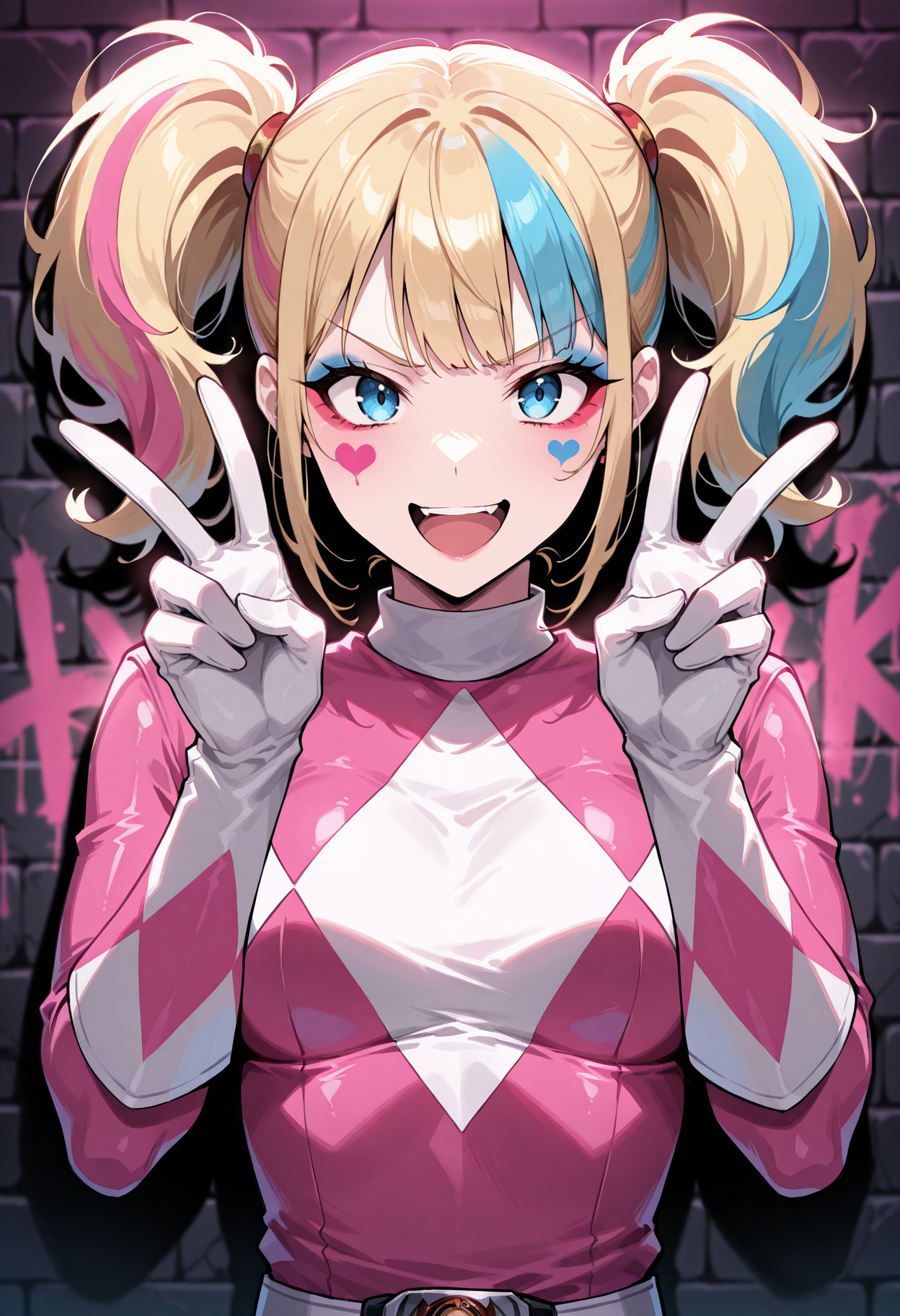 masterpiece, best quality, 1girl, solo, isekaiquinn, makeup, heart facial mark, streaked hair, blonde hair, blue hair, twintails, multicolored hair, pink power ranger, pink bodysuit, white gloves, (graffiti:1.1), (brick wall), dark theme, (peace sign), hand up, double v, hands up, upper body, blue eyes, dim lighting, dark background, backlighting, blurry, blurry background, looking at viewer, v-shaped eyebrows, smile, open mouth